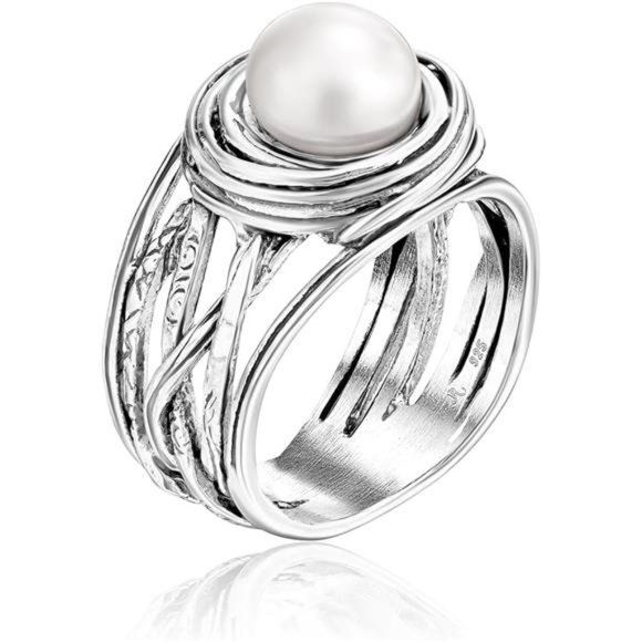 925 Sterling Silver Statement Ring Freshwater Pearl Floral Leaves Vintage